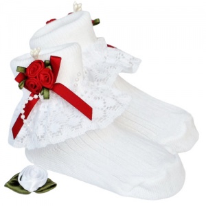 Girls White Lace Socks with Red Rosebud Cluster